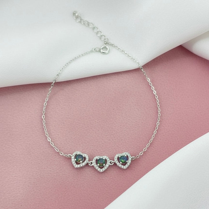 Pulsera Plata Triple Corazón Topacio Místico