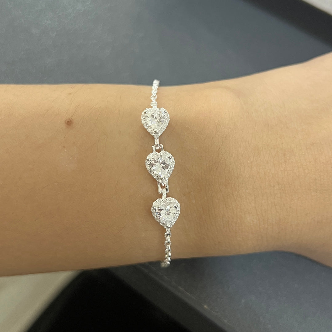 Pulsera Plata Triple Corazón