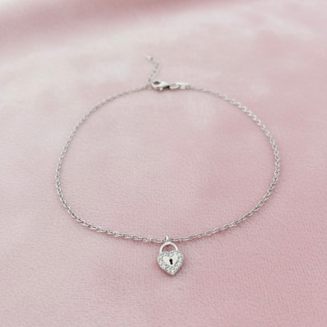 Tobillera Plata Corazón Candado