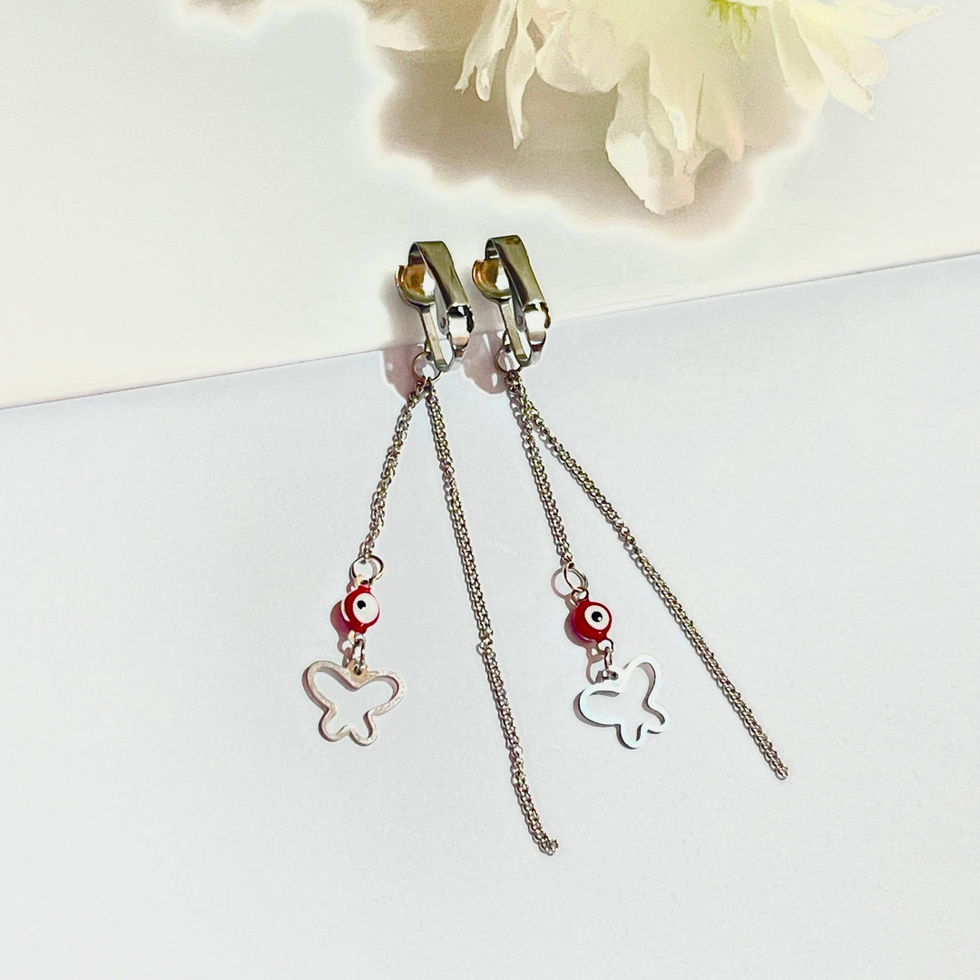 Aretes de Acero Largo ojo Turco Rojo Mariposa 🦋