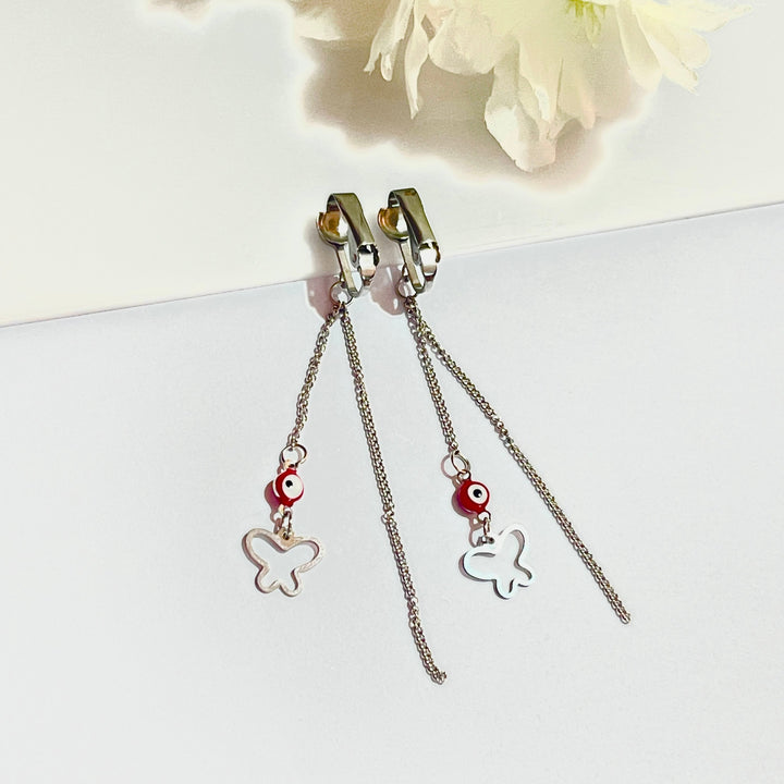 Aretes de Acero Largo ojo Turco Rojo Mariposa 🦋
