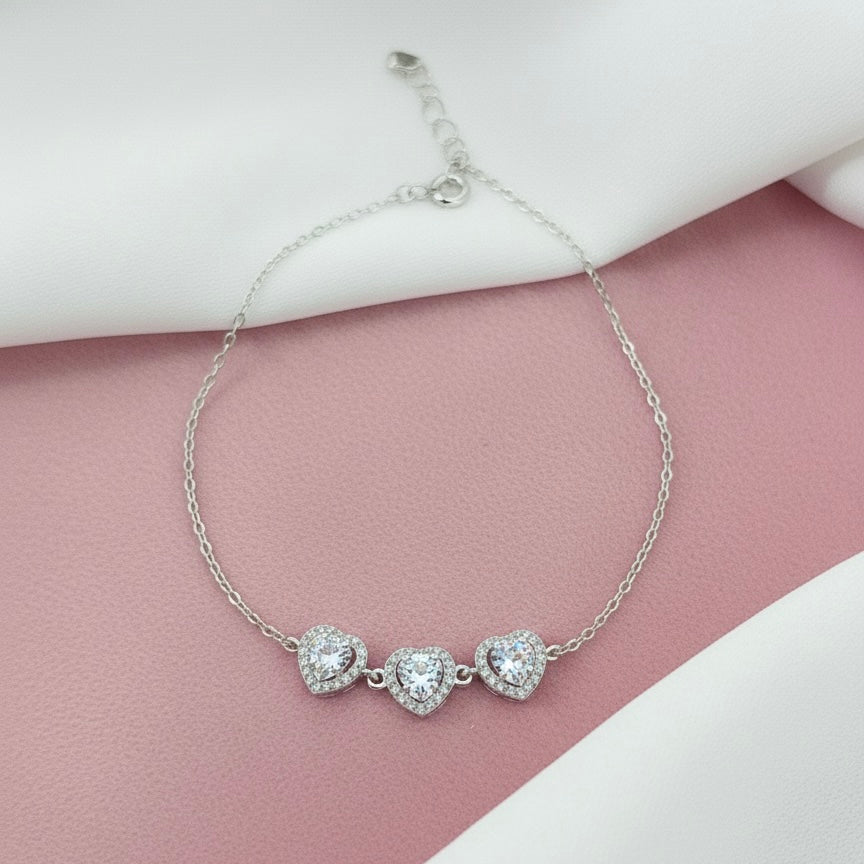 Pulsera Plata Triple Corazón