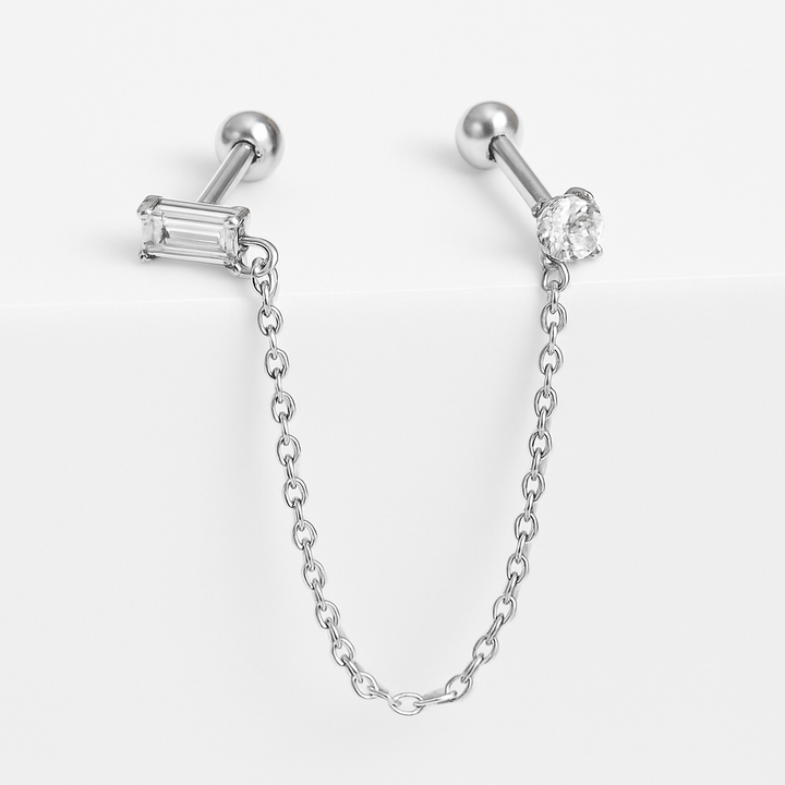 Arete Quirúrgico 💙 Plateado Con Cadena