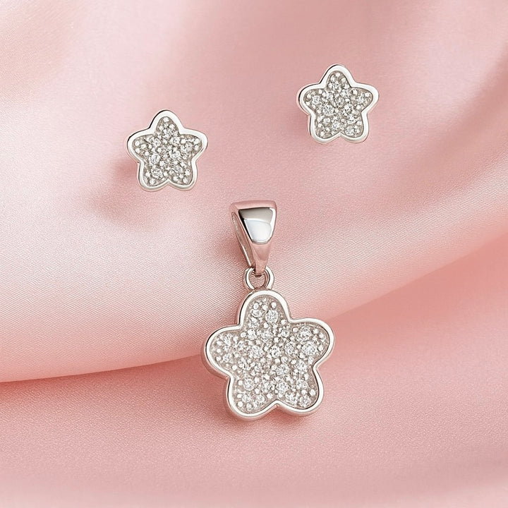 Juego Plata Flor Brillo  Blanca ⚪️