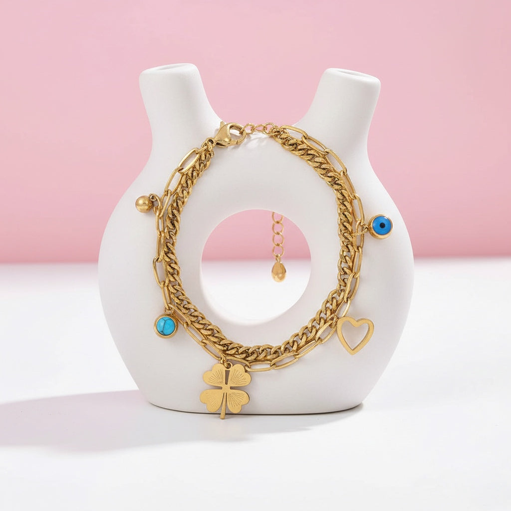 Pulsera Acero Trébol Corazón
