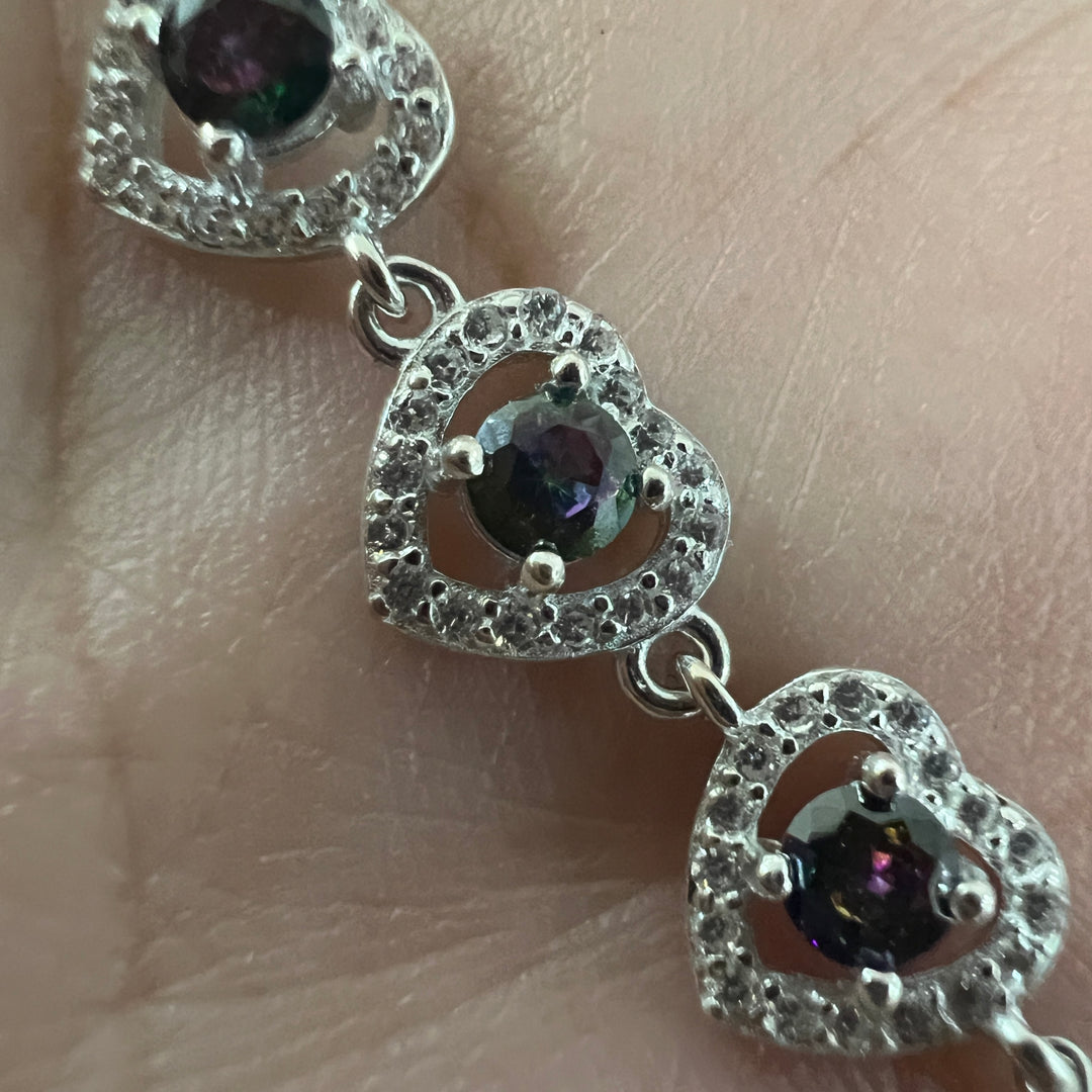 Pulsera Plata Triple Corazón Topacio Místico