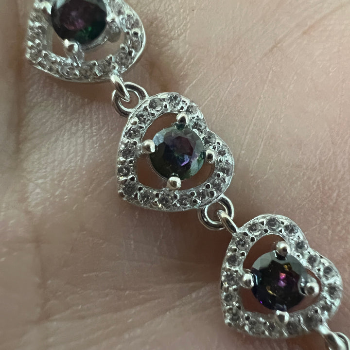 Pulsera Plata Triple Corazón Topacio Místico