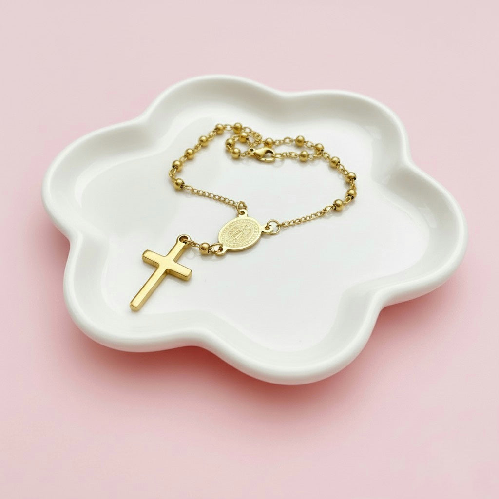 Pulsera Acero Rosario Virgen Guadalupe Dorada