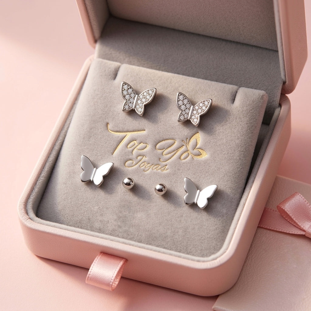 Trío de Aretes de Acero Mariposas
