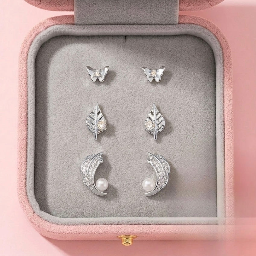 Trío de Aretes Acero Plateado ⬜️🪶🍃
