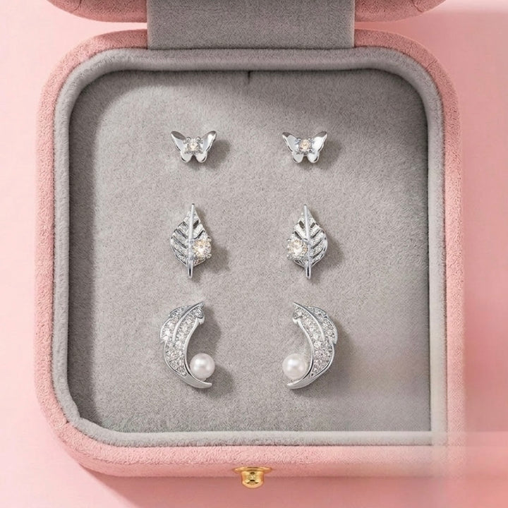 Trío de Aretes Acero Plateado ⬜️🪶🍃