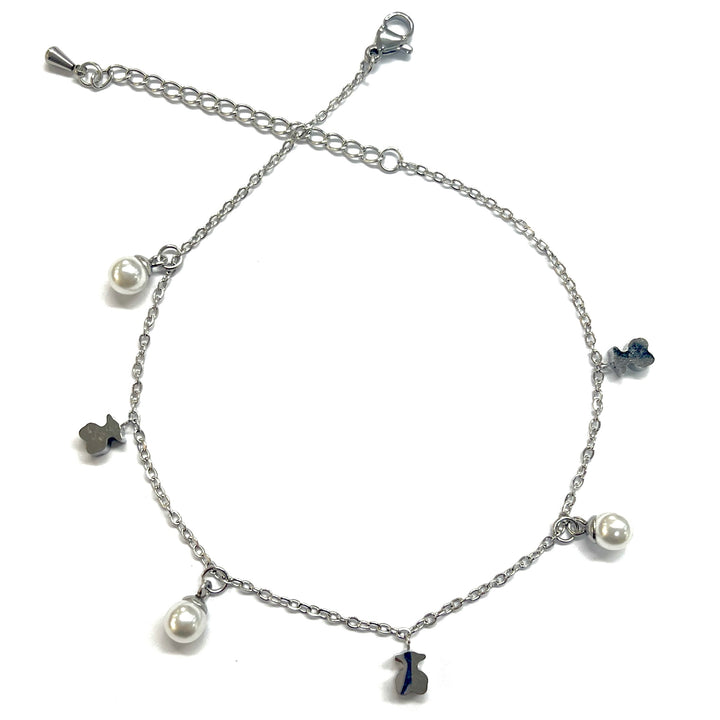 Tobillera Acero Oso y Perlas Plateada🧸