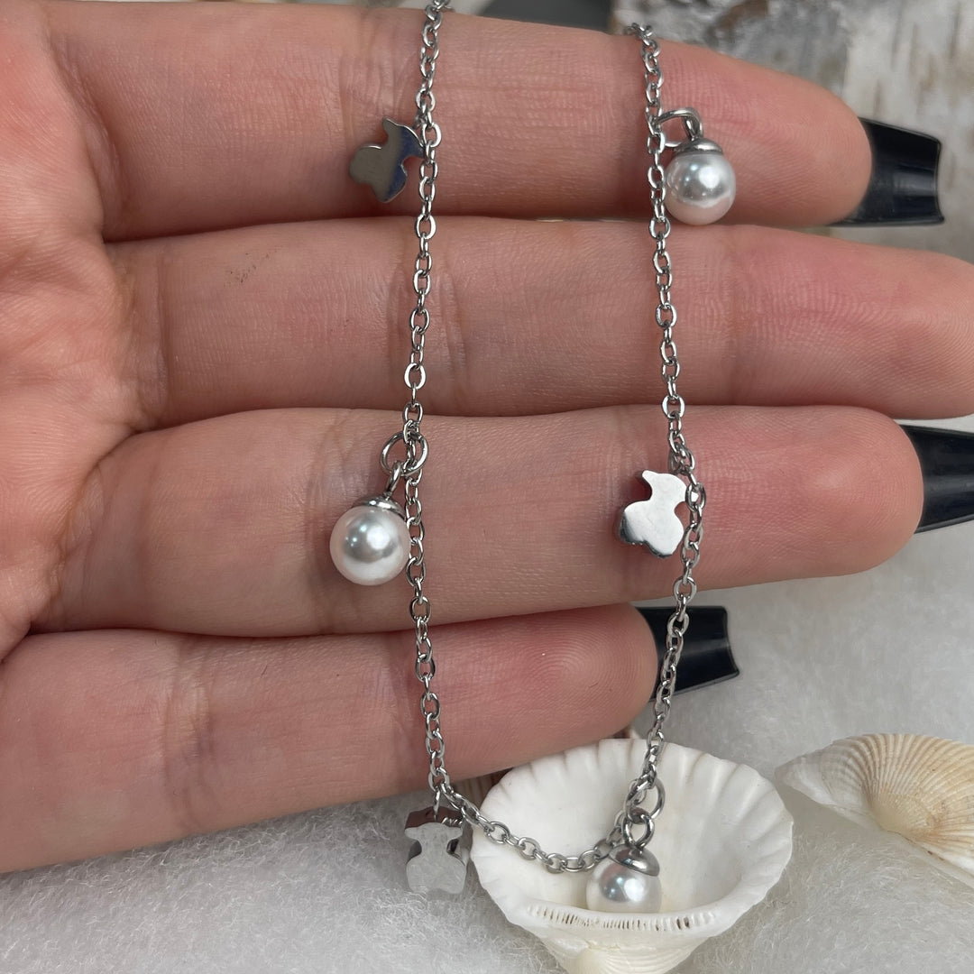 Tobillera Acero Oso y Perlas Plateada🧸