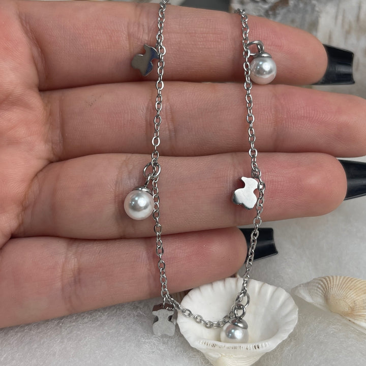 Tobillera Acero Oso y Perlas Plateada🧸