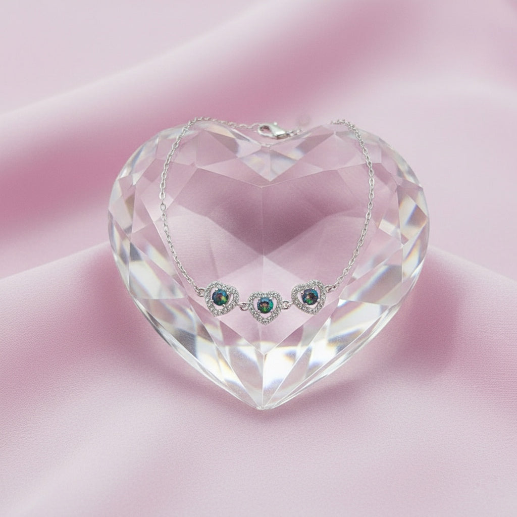Pulsera Plata Triple Corazón Topacio Místico