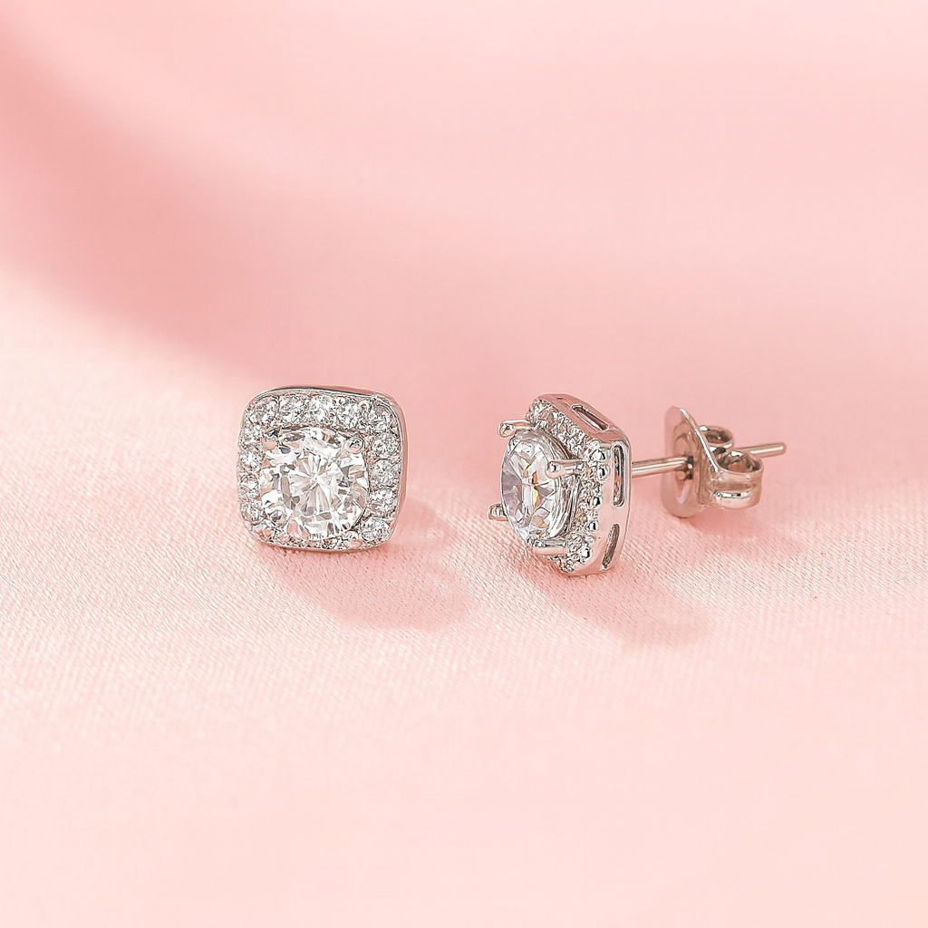 Aretes de Plata Cuadro Blanco 8MM