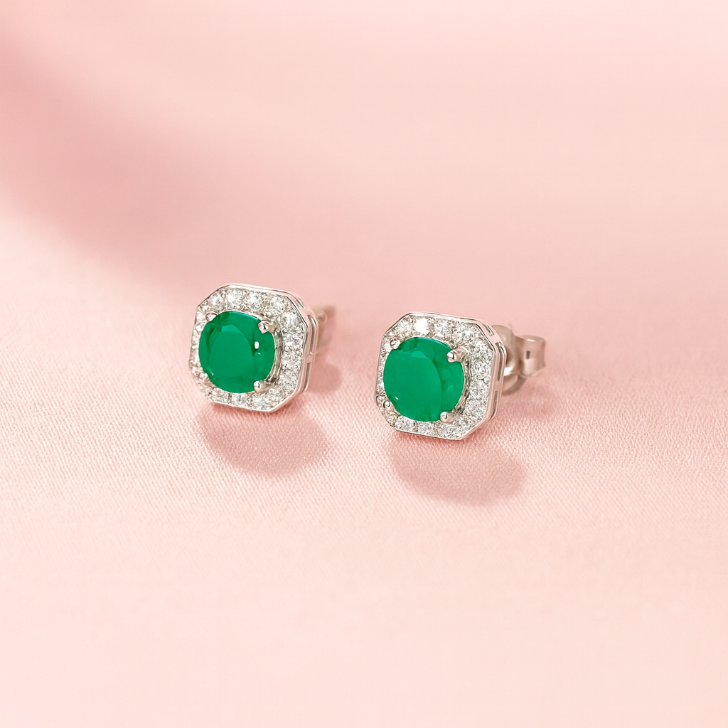 Aretes de Plata Cuadro Verde 8MM