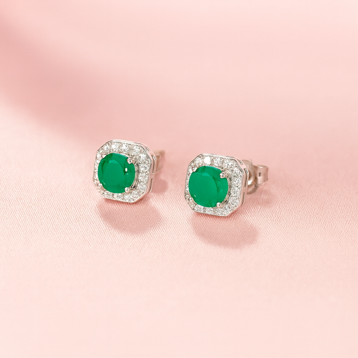 Aretes de Plata Cuadro Verde 8MM