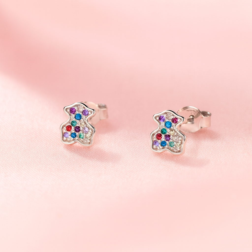 Aretes de Plata Oso Circonitas de Colores 7MM