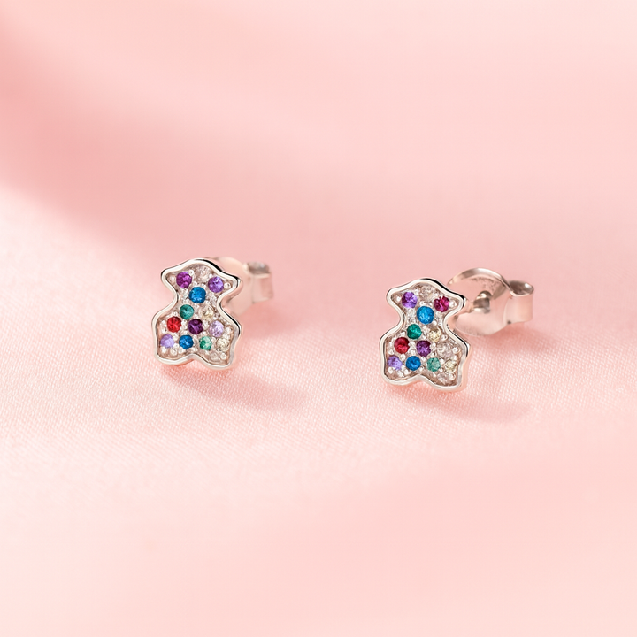 Aretes de Plata Oso Circonitas de Colores 7MM