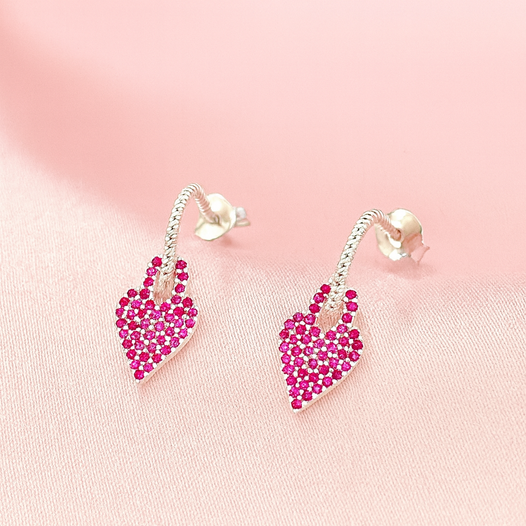 Aretes de Plata Corazones de Circonita Rosa 10MM