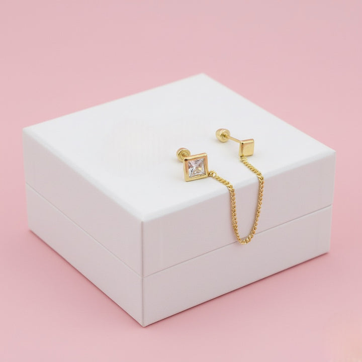 Aretes de Oro 10k Cadena Cuadro