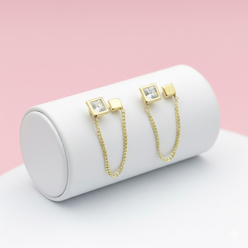 Aretes de Oro 10k Cadena Cuadro