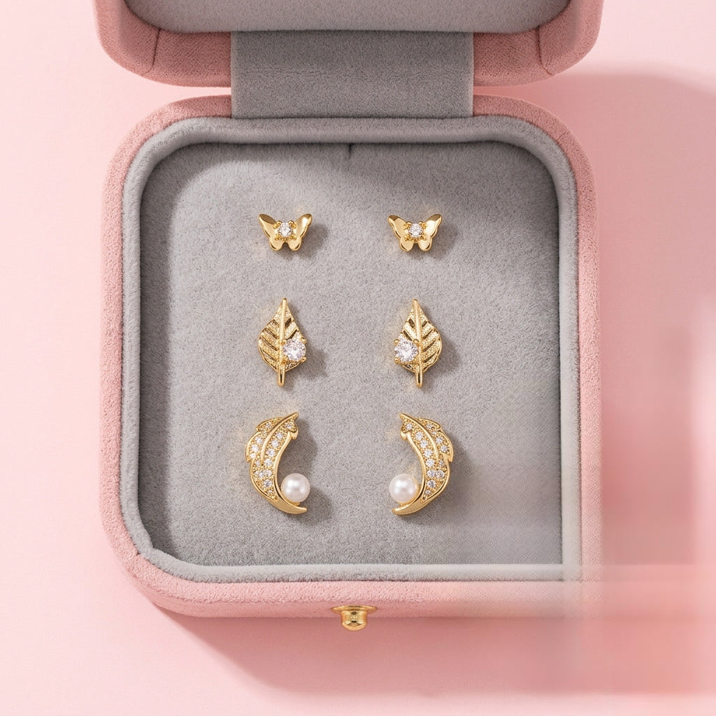 Trío de Aretes Acero Dorado 🟨🪶🍃
