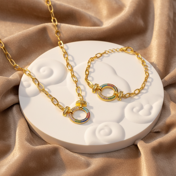 Collar y Pulsera Círculo Colores 🟠 Dorado