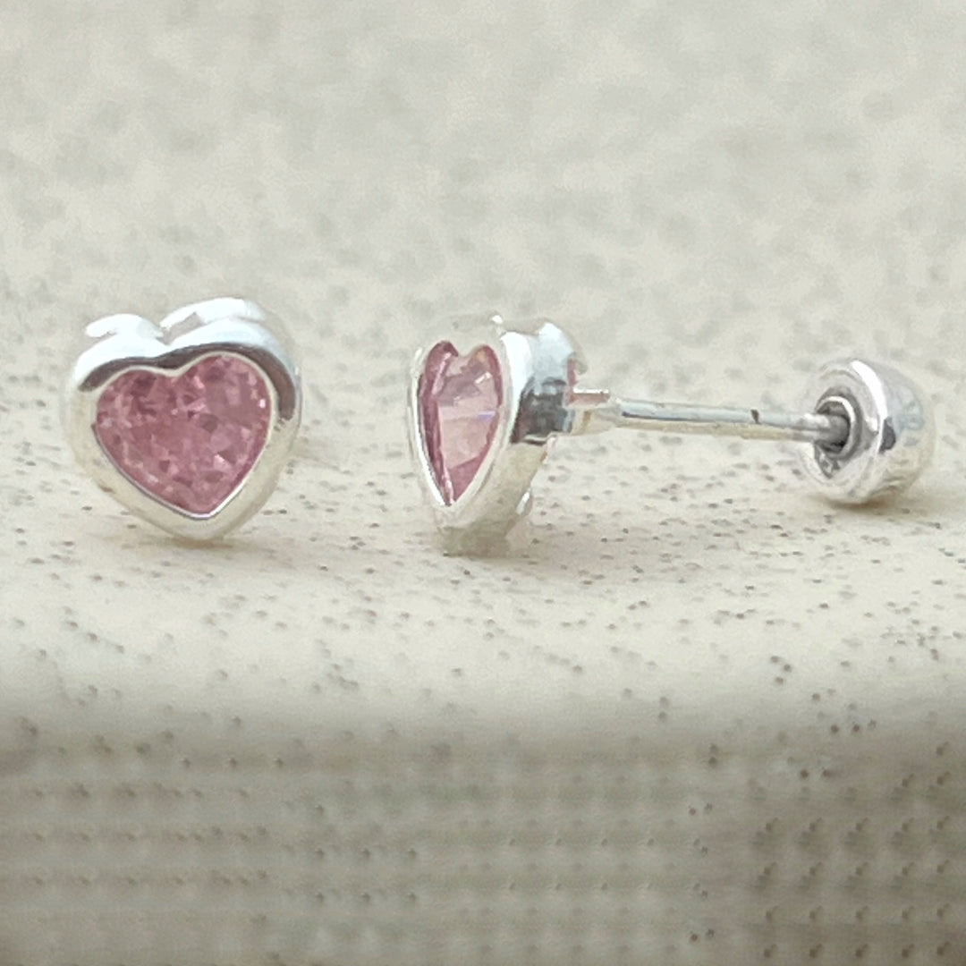 Aretes Corazón Bicel Rosado 5MM Plata