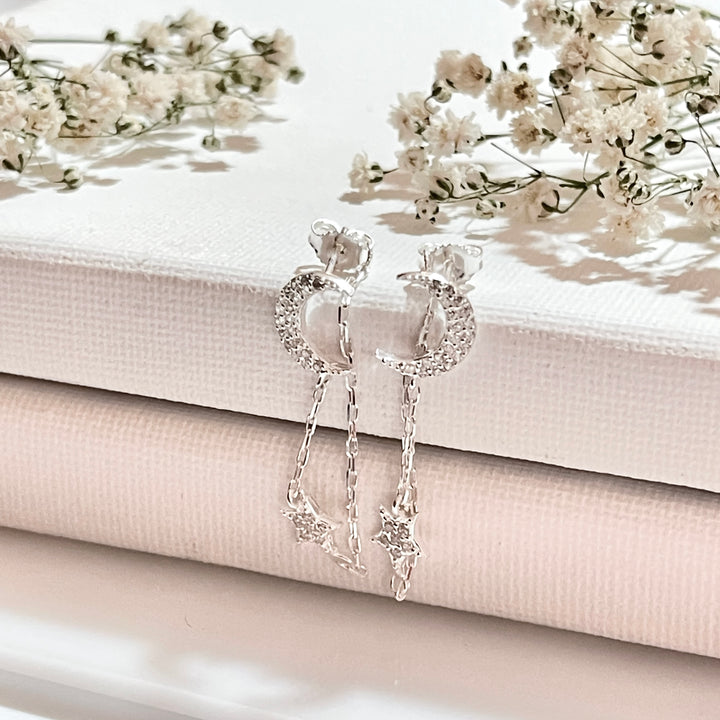 Aretes de Plata Luna y Estrella Circonita Blanca 10MM | Nicola Joyería 