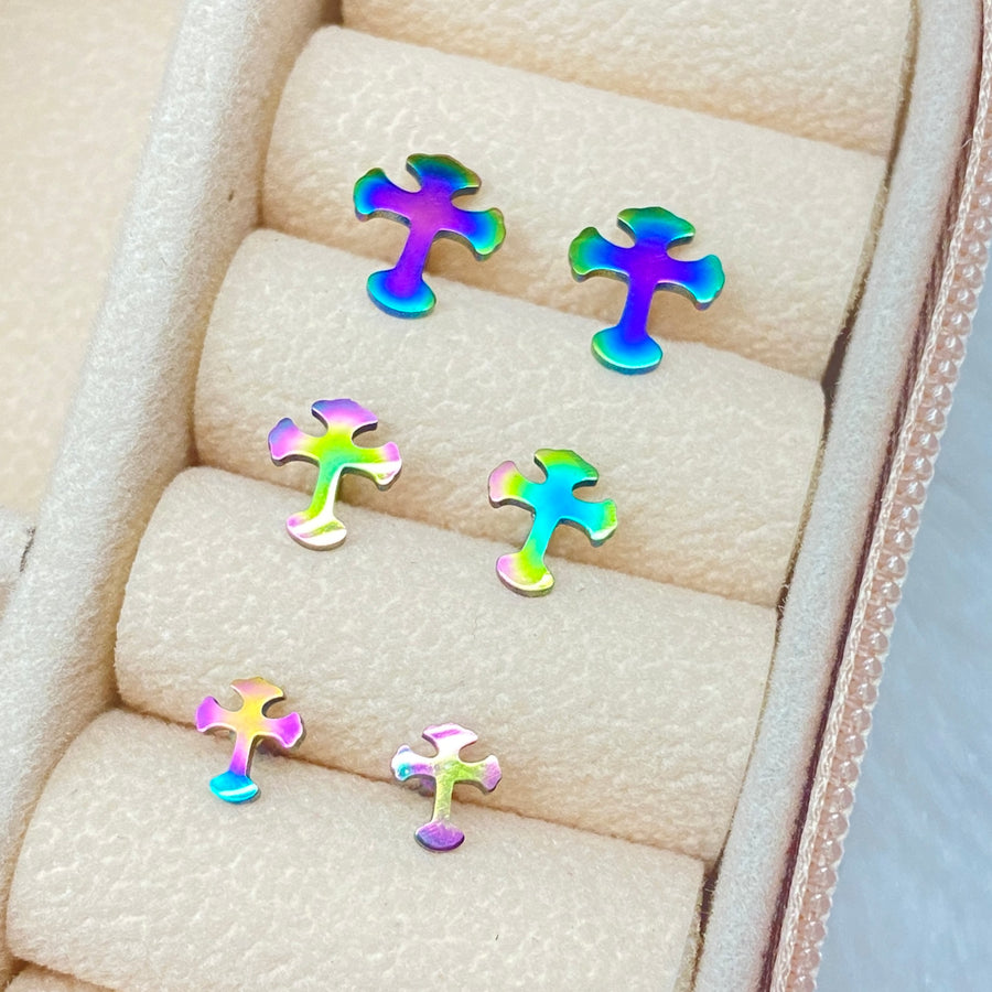 Trío de Aretes Cruz Tornasol Acero Inoxidable | Nicola Joyería