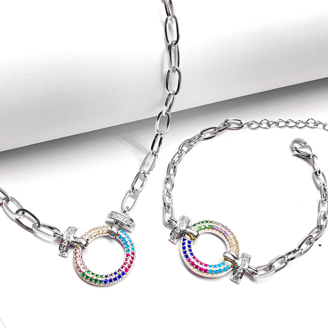 Collar y Pulsera Círculo Colores 🔵 Plateado
