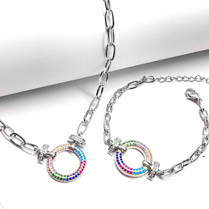 Collar y Pulsera Círculo Colores 🔵 Plateado