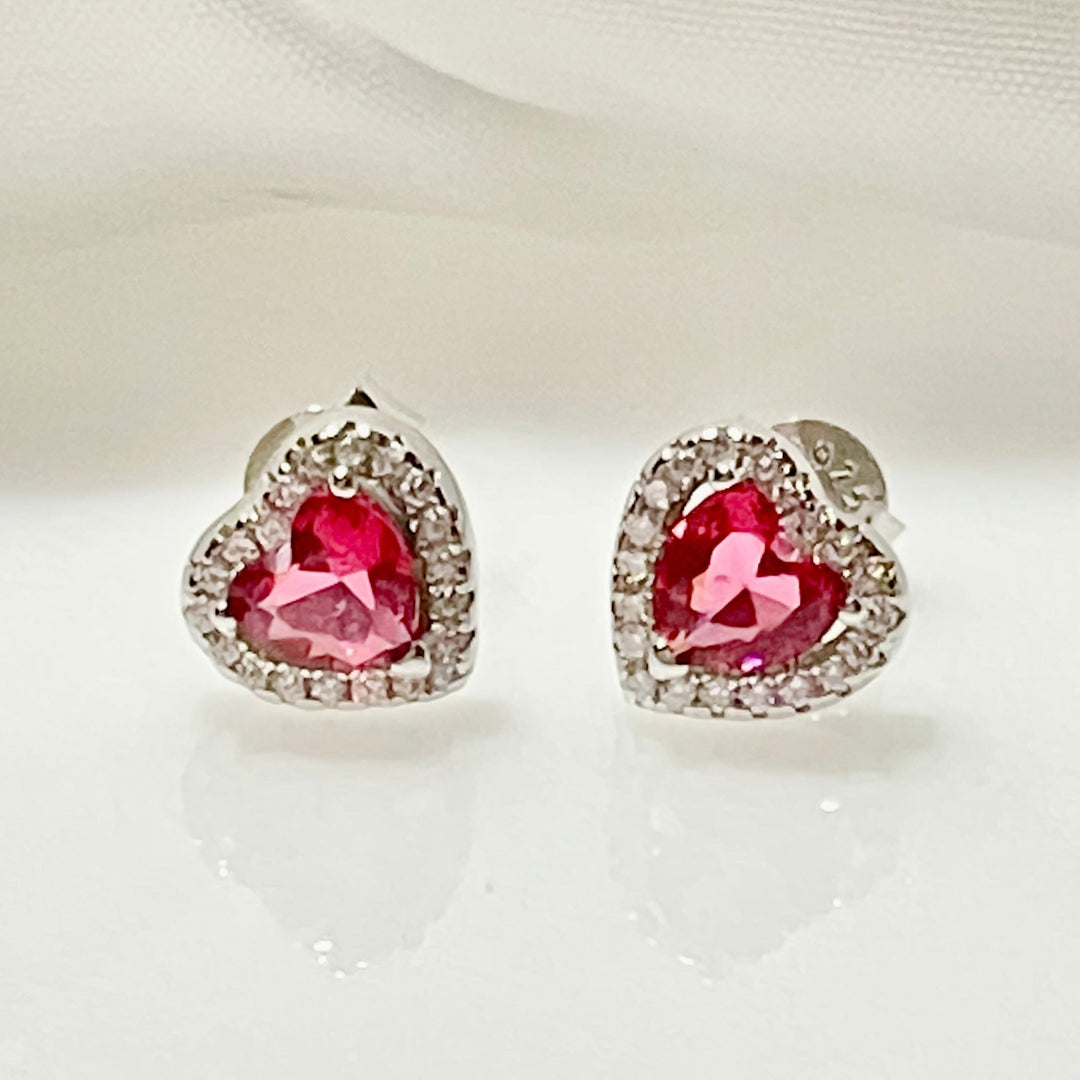 Aretes Plata Corazón Rojo Amor 8MM