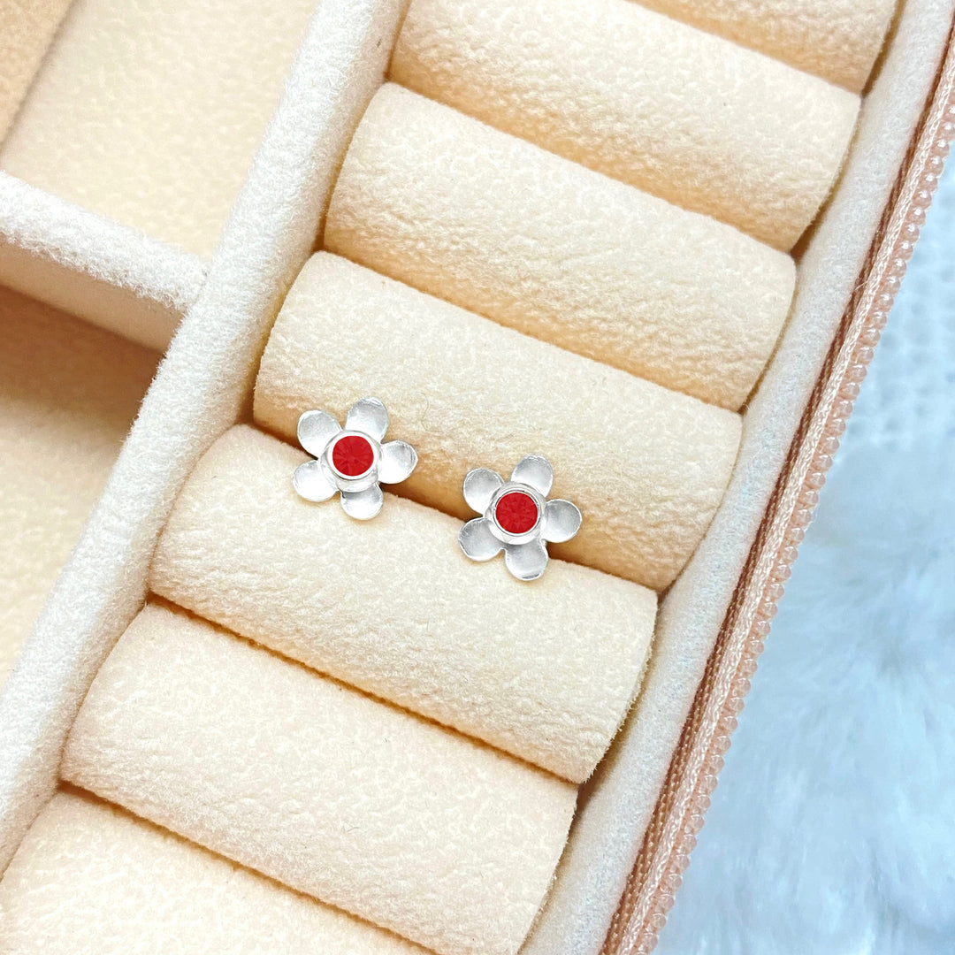 Aretes de Acero Flor con Piedra Roja