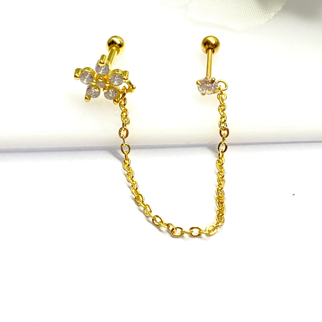 Arete Quirúrgico 🌼 Flor Dorado Con Cadena