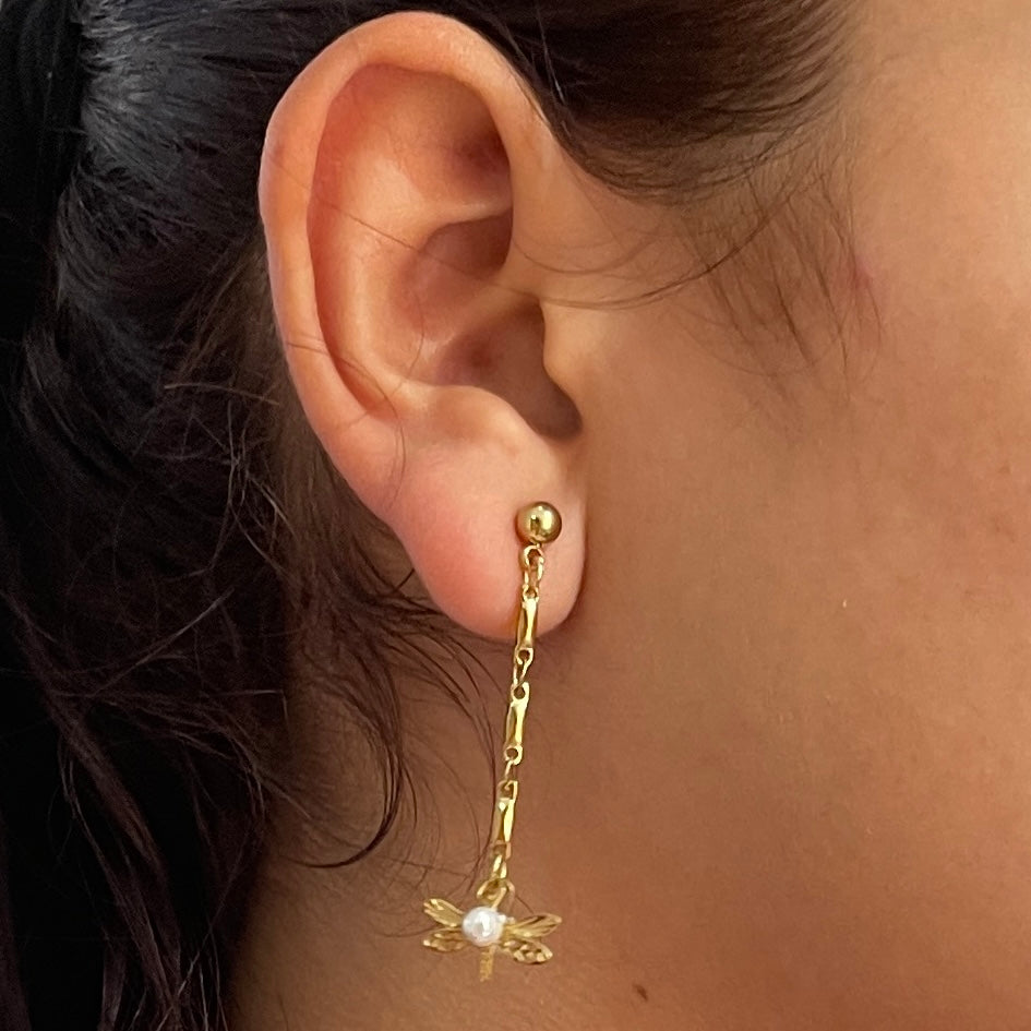 Aretes de Acero Largo Libélula ❤️⚪️