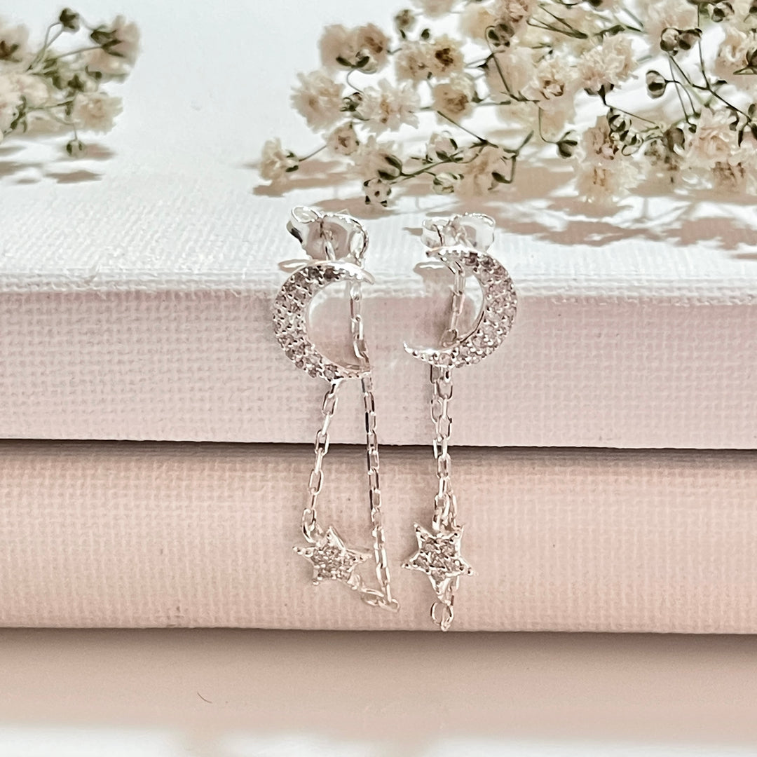 Aretes de Plata Luna y Estrella Circonita Blanca 10MM | Nicola Joyería