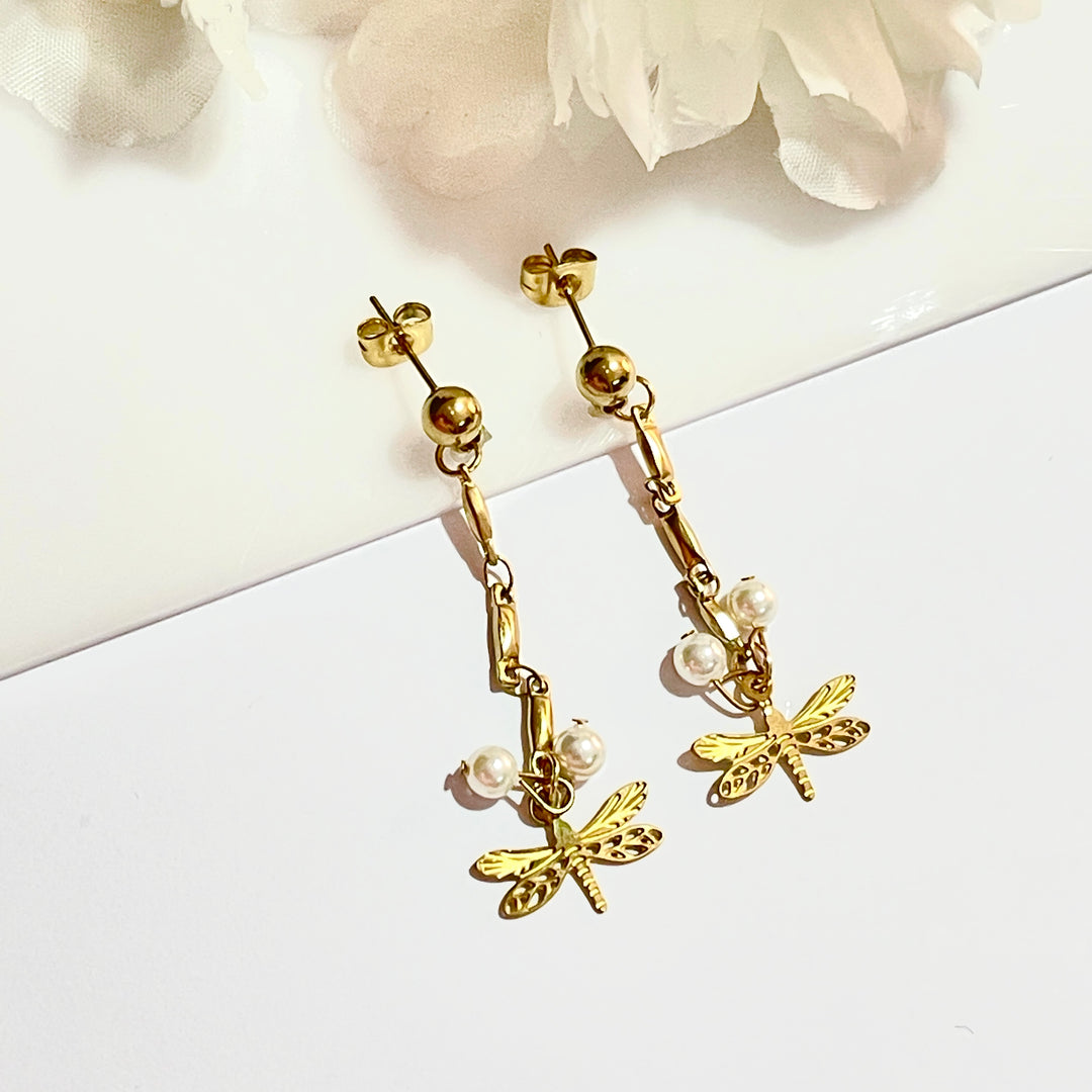 Aretes de Acero Largo Libélula ❤️⚪️