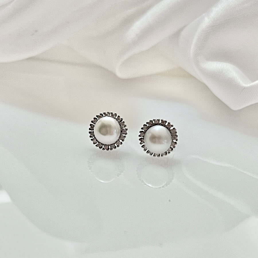 Aretes Plata Perla Picos 9MM | Nicola Joyería 