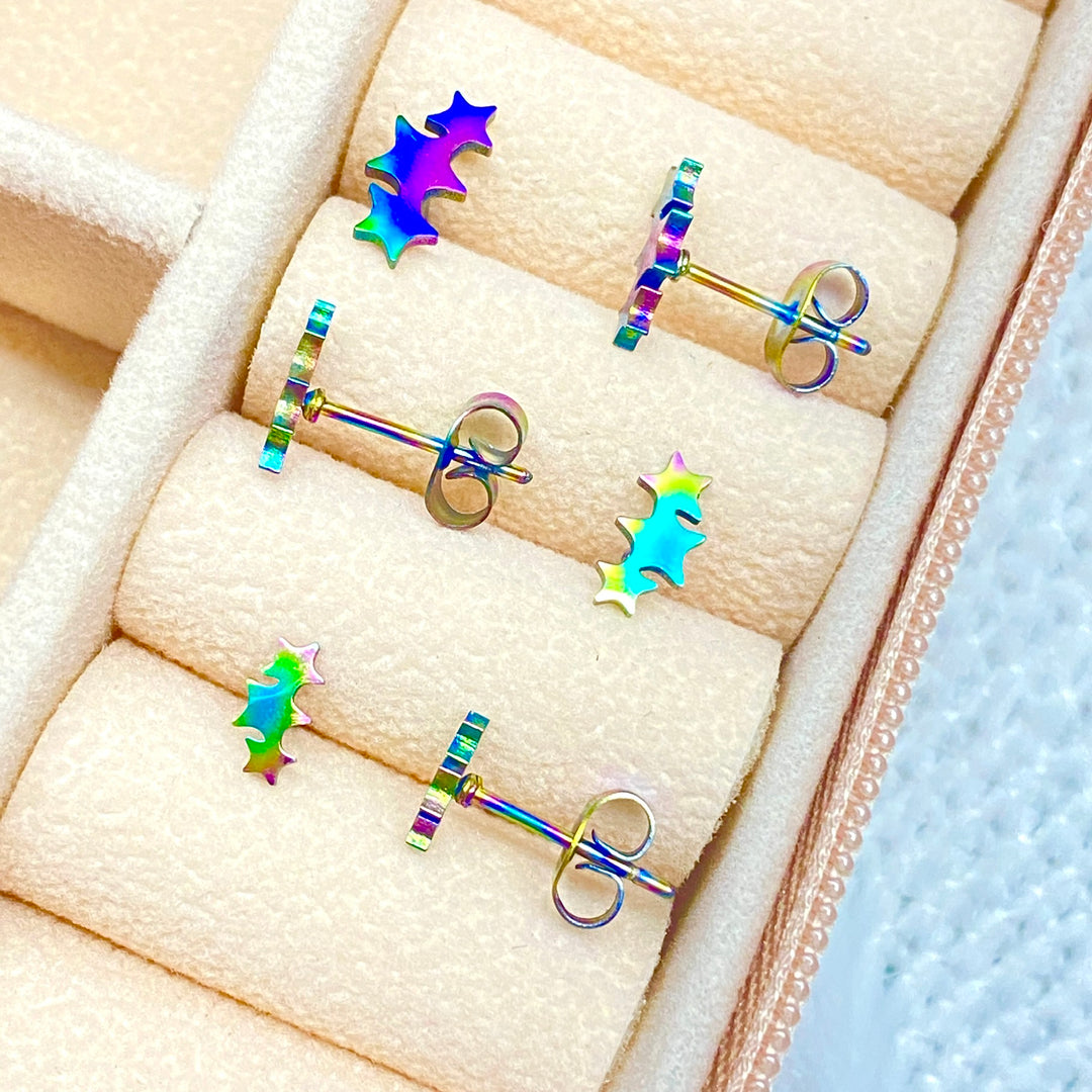 Trío de Aretes Estrellas Tornasol