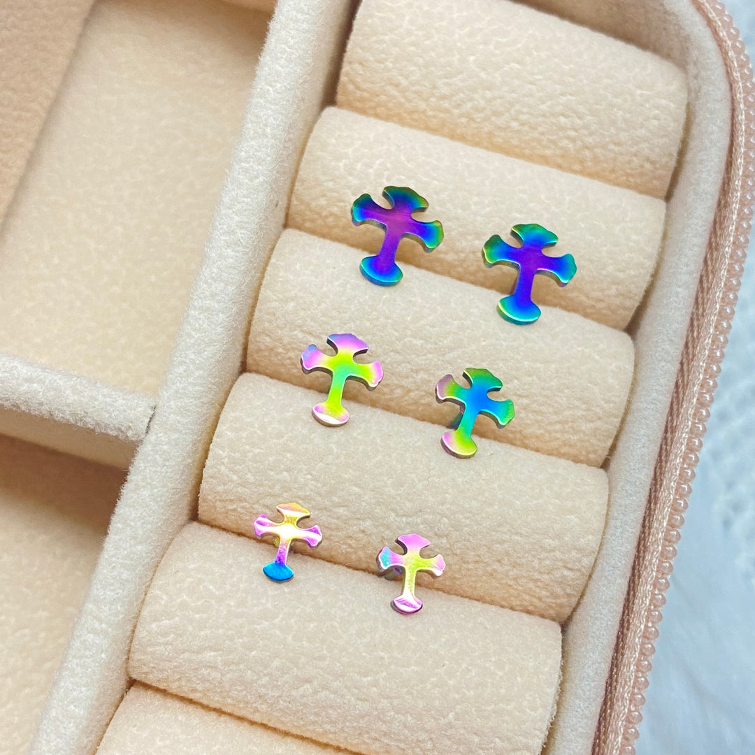Trío de Aretes Cruz Tornasol Acero Inoxidable | Nicola Joyería