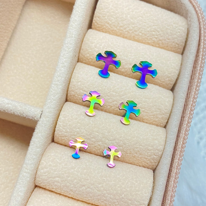 Trío de Aretes Cruz Tornasol Acero Inoxidable | Nicola Joyería