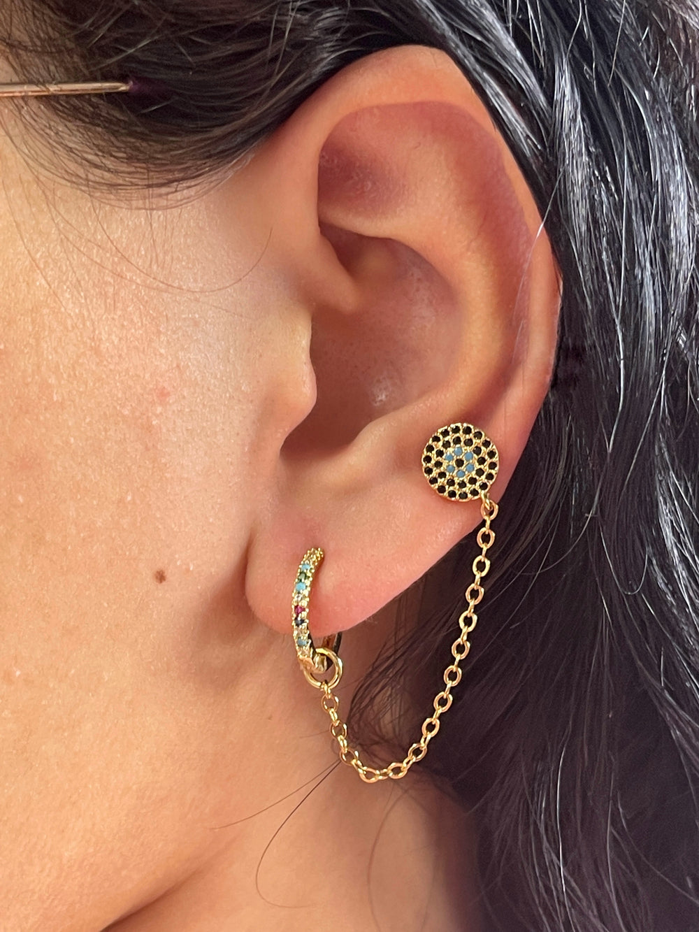 Huggies de Acero 🔵círculo Azul con celeste | Nicola Joyeria 