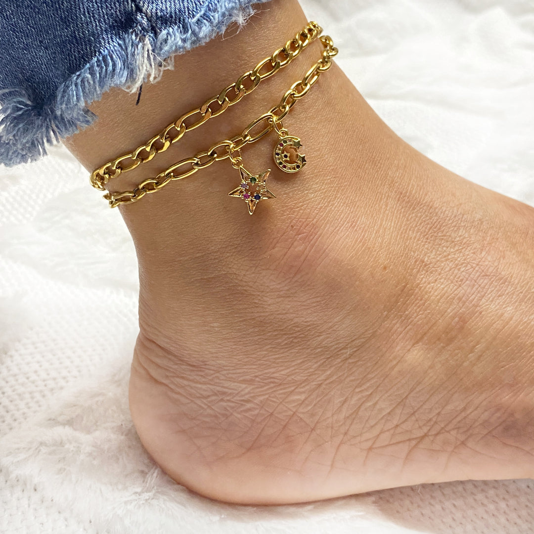 Tobillera Acero ✨🌈🌙Estrella Luna Multicolor | Nicola Joyería 