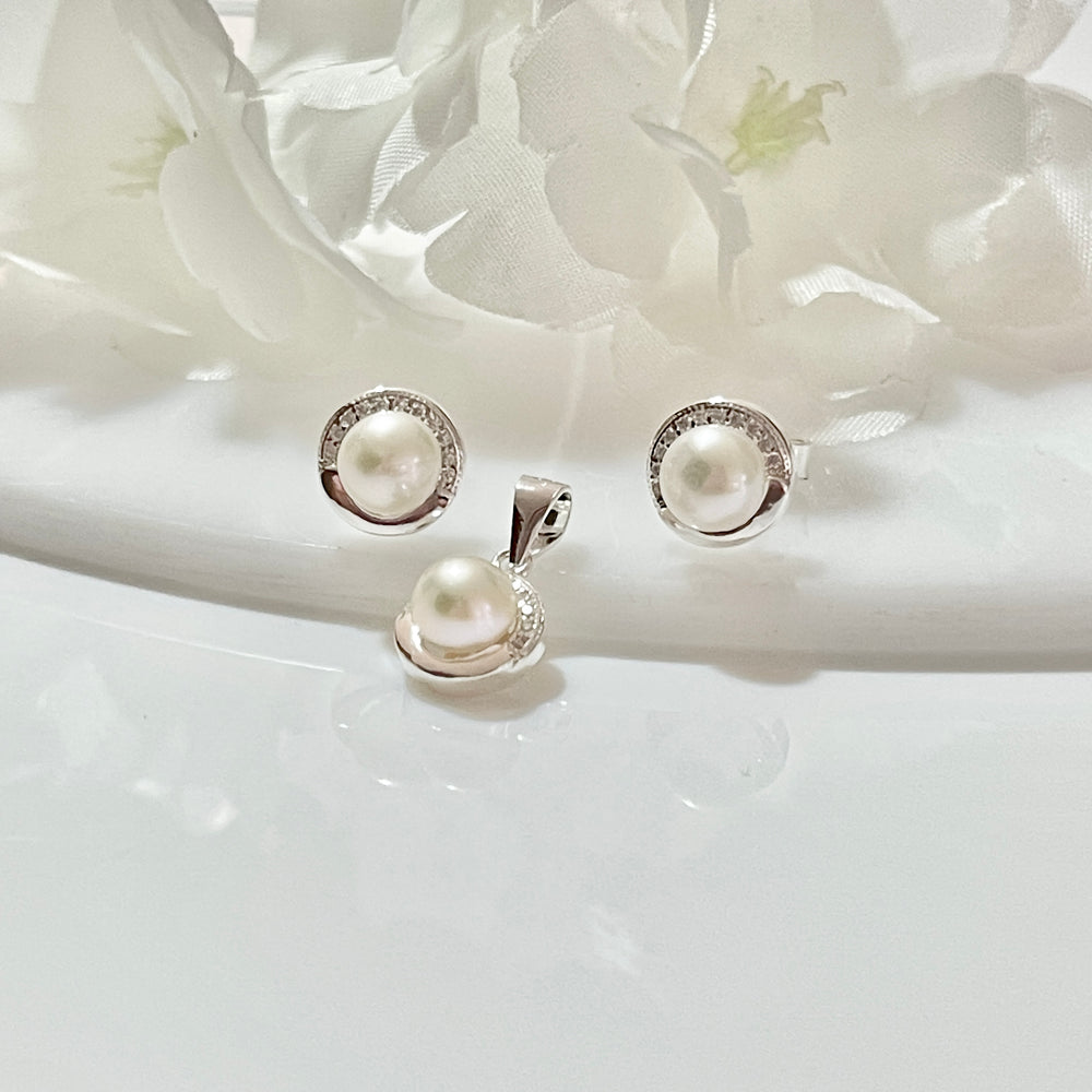 Juego Plata Perlas Circulo Medio Borde | Nicola Joyería 