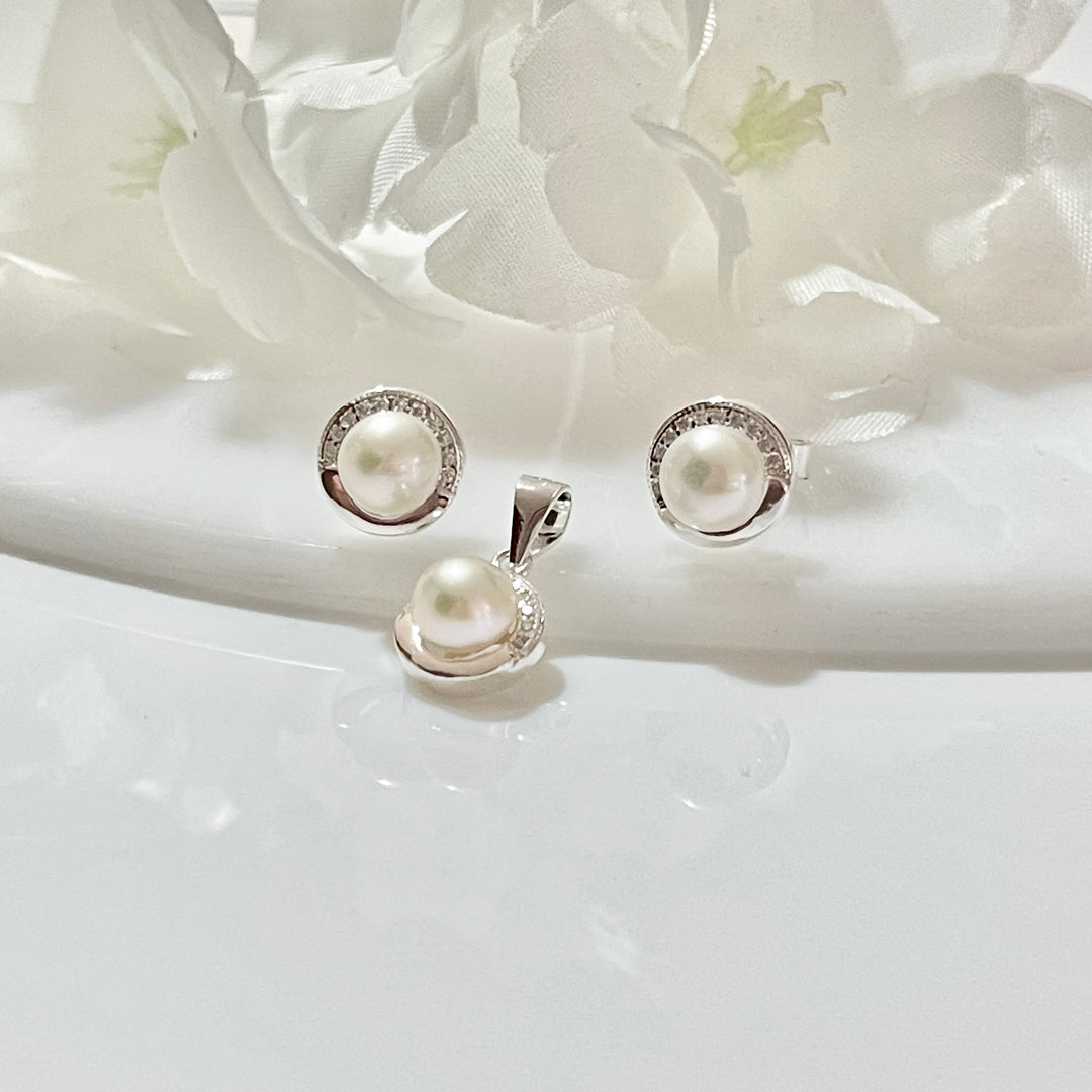 Juego Plata Perlas Circulo Medio Borde | Nicola Joyería 