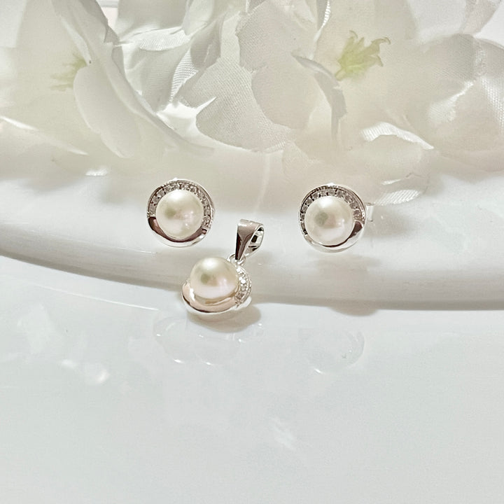 Juego Plata Perlas Circulo Medio Borde | Nicola Joyería 