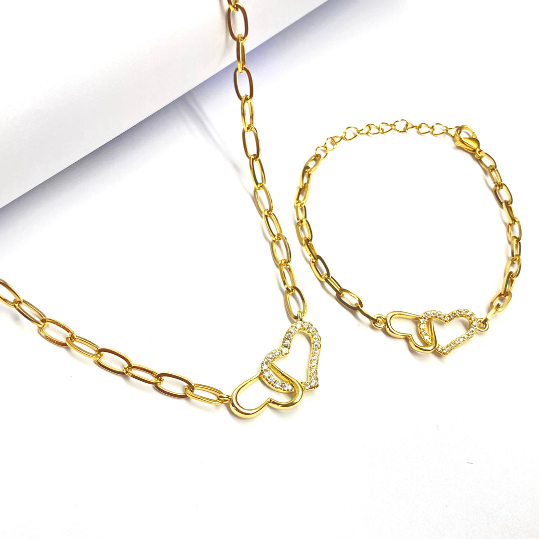 Collar y Pulsera Corazón Doble 🧡 Dorado